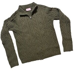 Paula Cahen d'Anvers Wool Cardigan Women Olive Green Cable Knit  Full Zip Size 2
